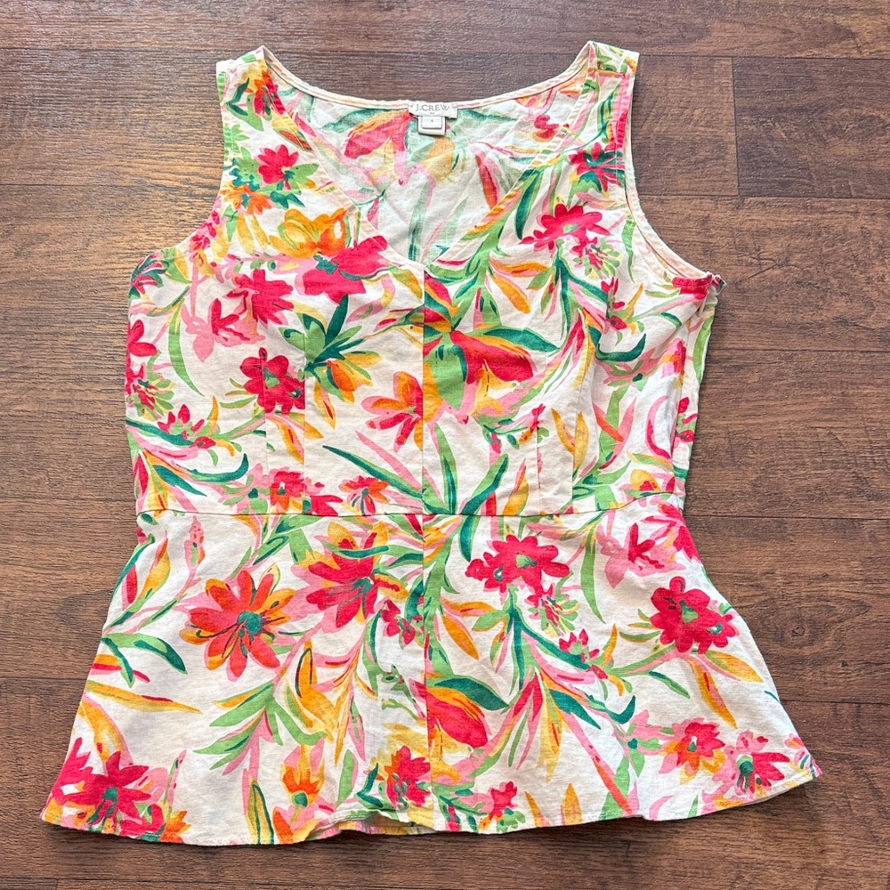 J. Crew Factory Linen Floral Sleeveless Top - Bright Pink, Green, and Orange